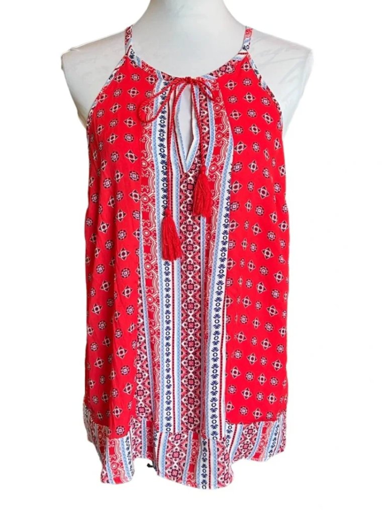 New Nwt Pink Republic Tassel Split Neck Tank Red White Navy Sleeveless Boho Top